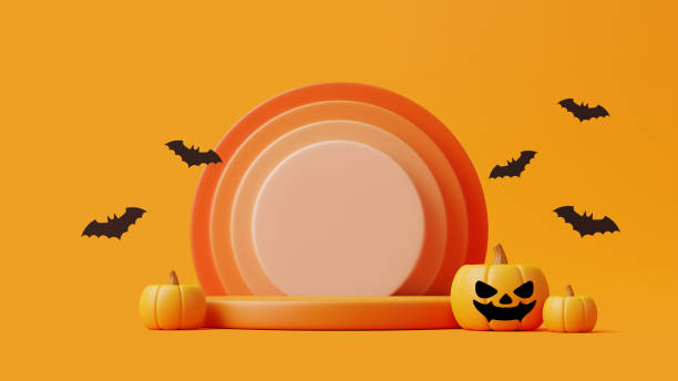 istock Jack-o-Lantern pumpkins with podium for product display and bats on orange background 1495833514