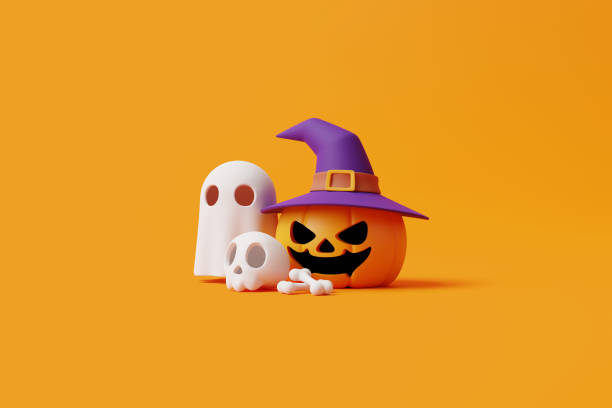 istock Jack-o-Lantern pumpkin wearing witch hat with skull, bone and ghost on orange background 1495833519