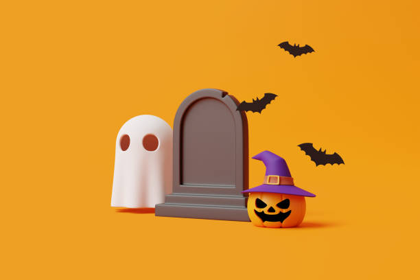 istock Jack-o-Lantern pumpkin wearing witch hat with ghost, bats and grave on orange background 1495833521