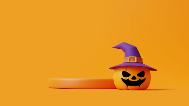 istock Jack-o-Lantern pumpkins wearing witch hat and podium for product display on orange background 1495834049
