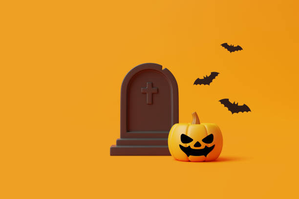 istock Jack-o-Lantern pumpkin with grave and bats on purple background 1495834050