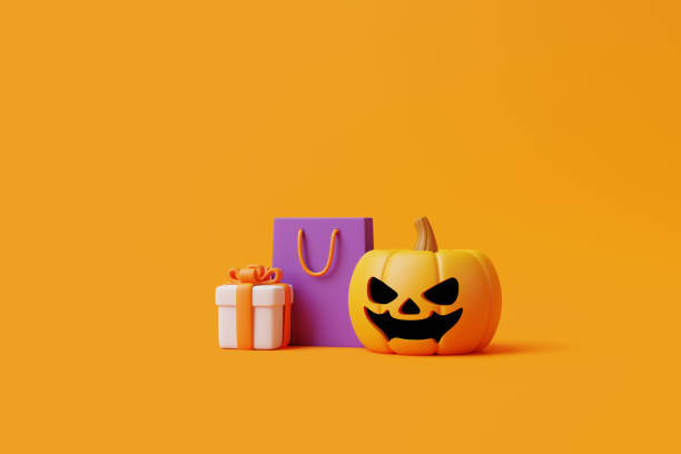istock Jack-o-Lantern pumpkin, gift box and shopping bag on orange background 1495834090