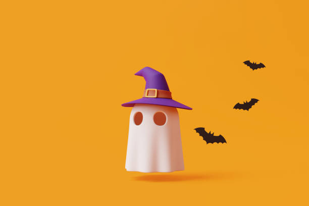 istock Simple halloween cartoon ghost wearing witch hat with bats on orange background 1495834107
