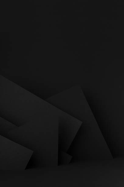 istock Exquisite black stage mockup with abstract geometric pattern of corners, angles, shapes, triangles as relief for presentation cosmetic products, goods, advertising, design in graphic style, vertical. 1495834892