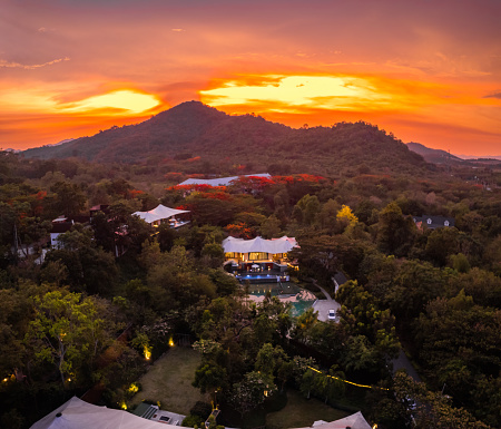 Aerial view of a luxury glamping in Khao Yai, Nakhon Ratchasima, Thailand, south east asia