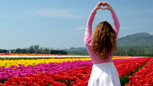 a young beautiful girl in a pink and spruce skirt with her back stands looking into the distance showing with her hands a heart in a field with flowers tulips freedom love peace nature