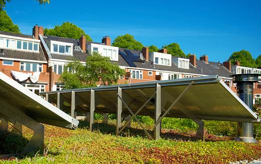 Green sedum roof with solar panels under a blue sky in the city of Groningen Netherlands