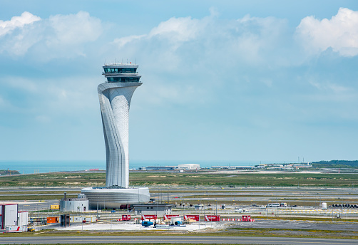 Istanbul, Turkey - June 3, 2023: Air Traffic Control Tower of Istanbul Airport. View of international Istanbul New Airport.