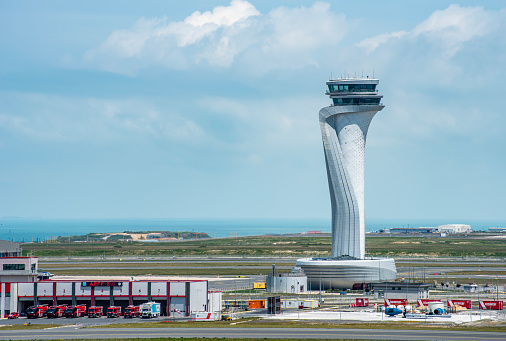 Istanbul, Turkey - June 3, 2023: Air Traffic Control Tower of Istanbul Airport. View of international Istanbul New Airport.
