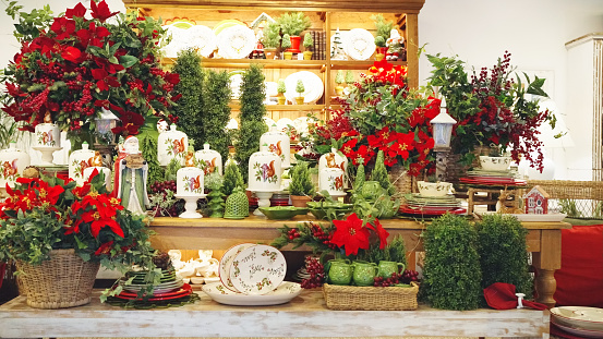 Variety of Christmas decorative products on display at ceramics store