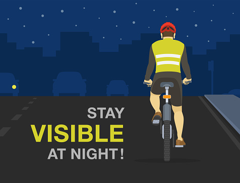Safe bicycle riding tips and rules. Back view of cyclist wearing reflective jacket at night. Flat vector illustration template.