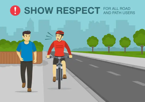 Vector illustration of Safety bicycle driving tips and rules. Show respect for all road and path users. Front view of cycling bike rider and pedestrian.