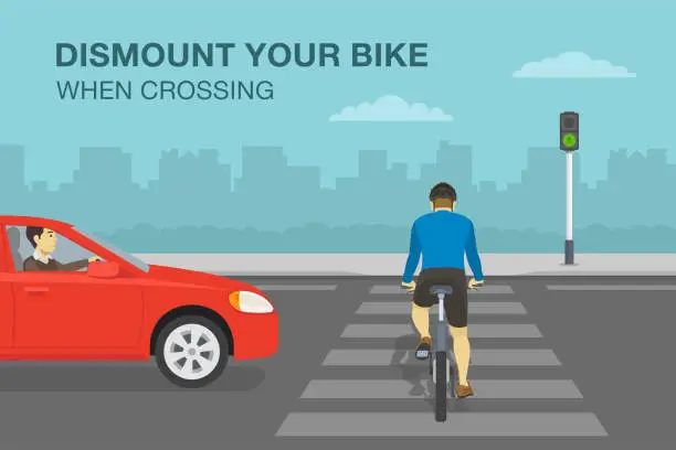 Vector illustration of Safe bicycle riding tips and rules. Dismount your bike before crossing the street. Back view of cyclist on zebra crossing.