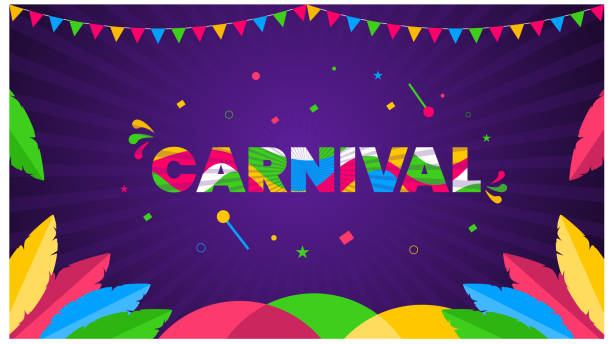 beliebtes ereignis in brasilien karnevalshintergrunddesign. festliche stimmung. karnevalstitel mit bunten partyelementen, die sagen, dass sie zum karnevalshintergrunddesign-vektorillustration kommen - karneval stock-grafiken, -clipart, -cartoons und -symbole