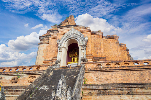 Wat Chedi Luang Temple, famous ruined ancient pagoda in Chiang Mai, north of Thailand