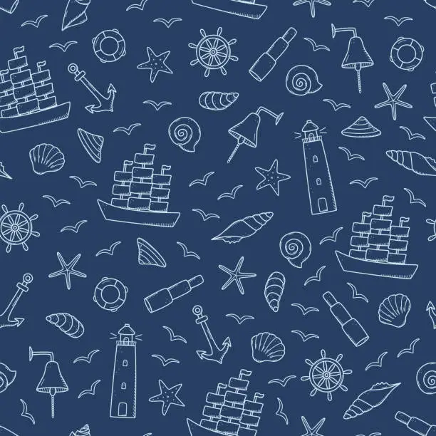 Vector illustration of Seamless pattern doodle icons of sea life. Ship telescope shells, lifebuoy anchor steering wheel bull, lighthouse and seagulls. Vector illustration, symbols of sailors or pirates.