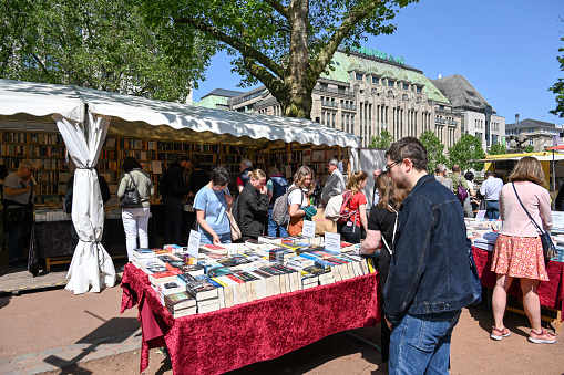 Duesseldorf, Germany, May 27, 2023 - Locals and tourists looking for a book at the \