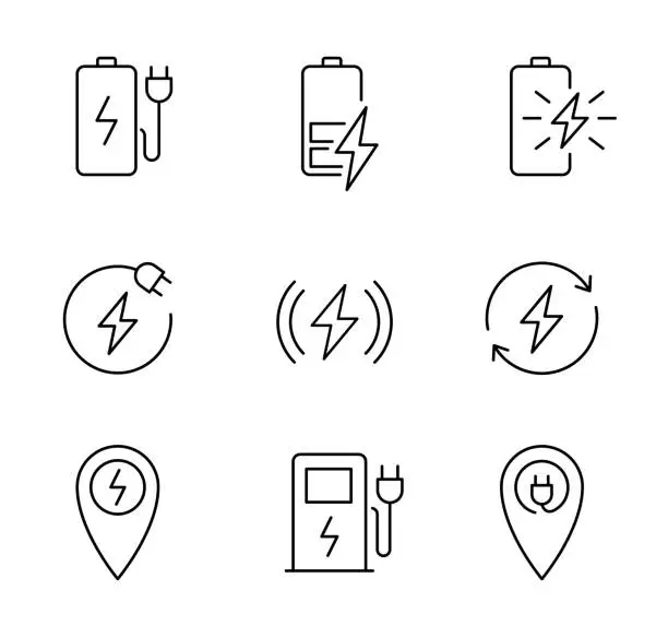 Vector illustration of Charging battery icon set. Charging station sign. Lightning, plug, accumulator, station