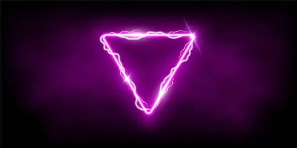 Vector illustration of Magic purple triangle of thunder storm blue lightnings. Magic and bright light effects electric border. Pink plasma frame with thunderbolt electricity lightning power effect on dark fog background