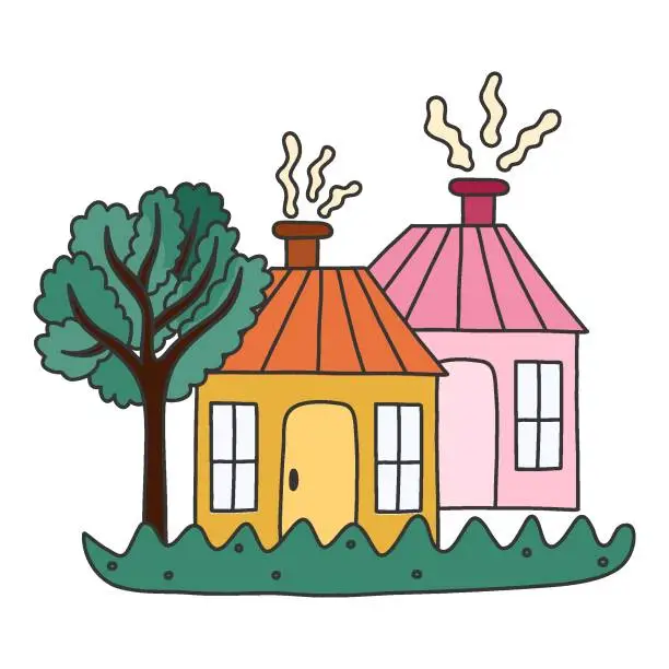 Vector illustration of Cute hand drawn country house with door, window, chimney. Cozy village cottage with tree and lawn for kid's bedroom or nursery design. Exterior of home, village buildings, countryside home landscape