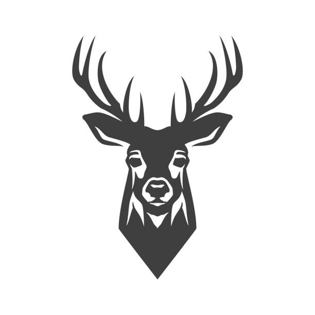 Deer muzzle head hunting camping monochrome vintage icon design vector illustration Deer muzzle head hunting camping monochrome vintage icon design vector illustration. Reindeer mammal horned animal antler portrait wildlife nature zoo powerful fauna forest creature mascot logo silhouette of a elk antler tattoo stock illustrations