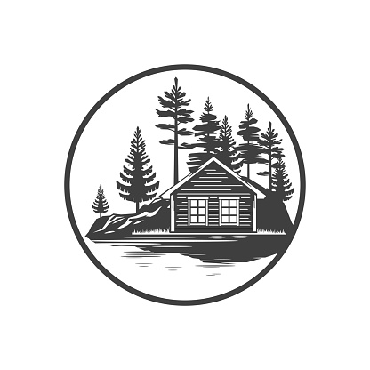 Camping cabin hut wooden scout house nature summer vacation circle vintage logo design vector illustration. Camp rustic villa cottage mountain forest river lake travel expedition adventure icon