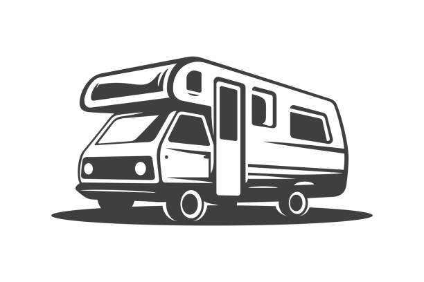 Camper van RV summer camping travel vacation comfortable truck car isometric icon vintage vector Camper van RV summer camping travel vacation trip comfortable truck car isometric icon vintage vector illustration. Camp family automobile transportation vehicle tourism expedition exploration mobile home stock illustrations
