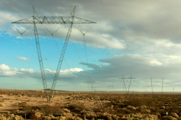 electricity cable towers in the field in routes of argentinian patagonia, rural scene stock photo