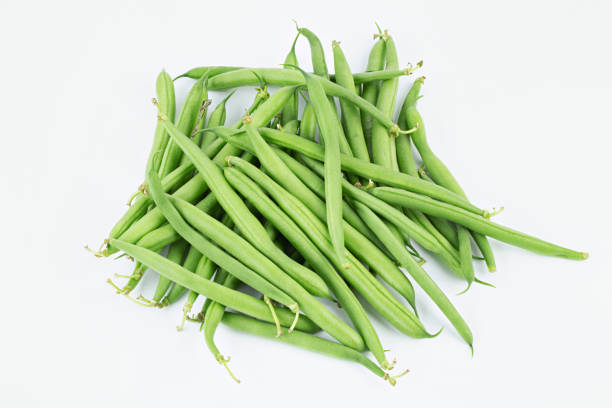 istock Bundle of fresh green beans on white background. Space for text. 1495871260
