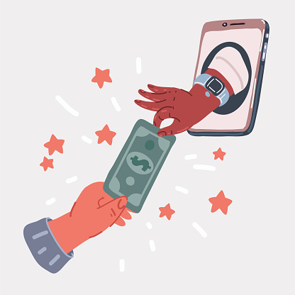 Cartoon vector illustration of Send and receive money using mobile phones, gadgets. Concept bank payments to each other.