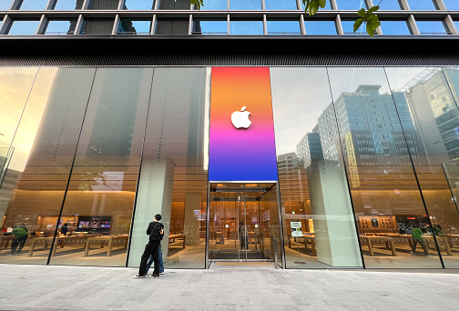 Seoul, South Korea - June, 2023: Exterior of Apple Store Gangnam in the evening