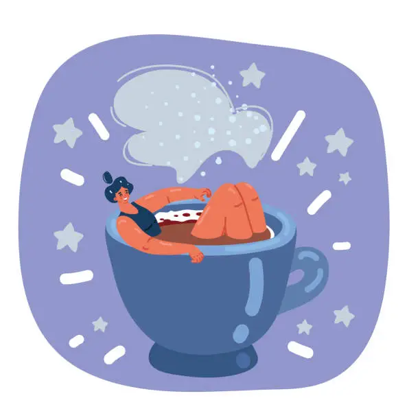Vector illustration of Vector illustration of Woman is taking a bath in big cup of coffee, concept of relaxing with coffee drink