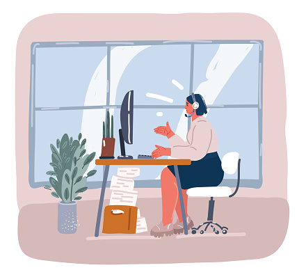 Cartoon vector illustration of woman called from office using a headset and computer in a modern office.