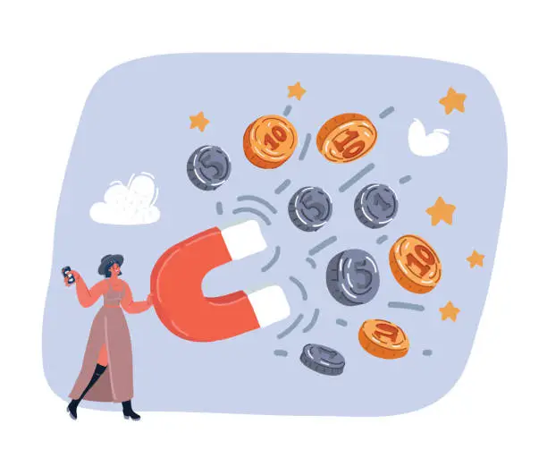 Vector illustration of Vector illustration of Cartoon character, Business woman holding magnet to attract dollar coin