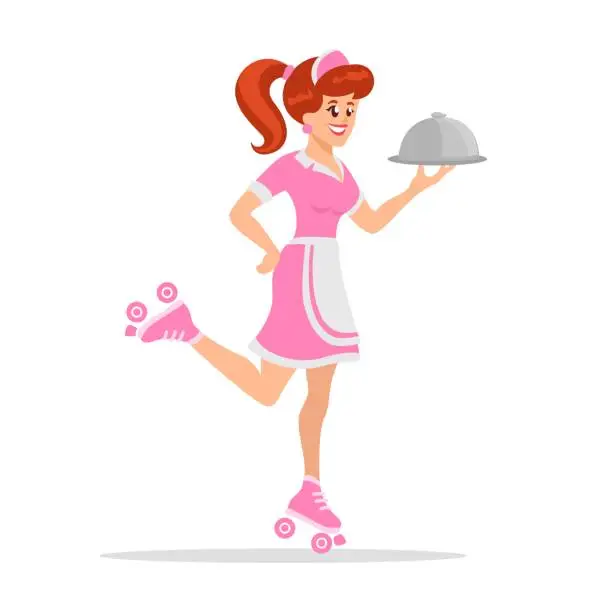 Vector illustration of Girl Waitress Holding Food Cover On Roller Skate. Restaurant Worker Character Cartoon Illustration Vector