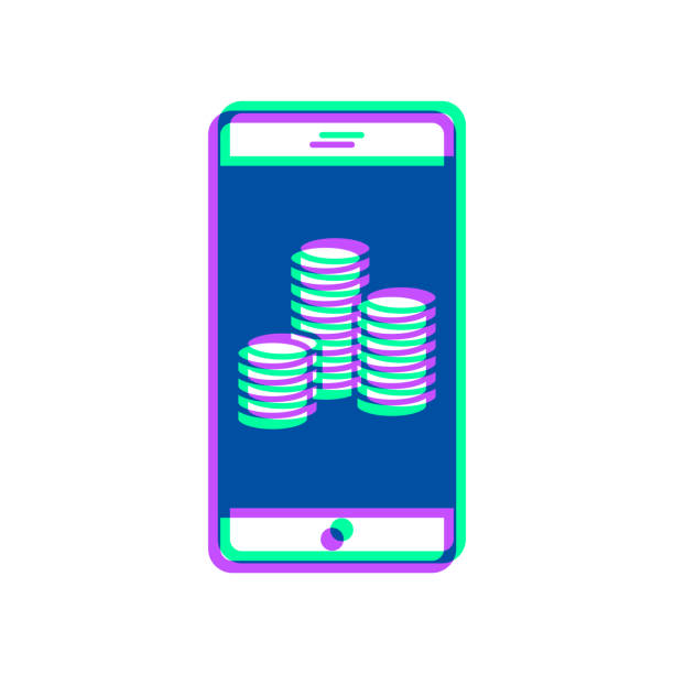 ilustrações de stock, clip art, desenhos animados e ícones de smartphone with stack of coins. icon with two color overlay on white background - blueberry white background blue heap