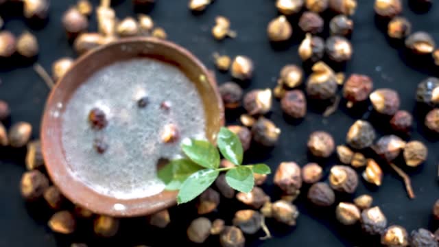 Cinematic dolly shot of Sapindus mukorossi or soapnuts or areetha on a black-colored surface along with its fermented water used for hair care and cosmetics.