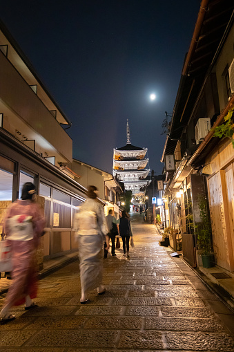 Kyoto, Japan-November, 2019: Yasaka-no-to Pagoda, also known as Hōkan-ji Temple at night in the old town Higashiyama district, Kyoto in Japan. The pagoda is a popular tourist attraction.