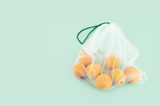 istock reusable fruit bag with apricots on a natural green background,Eco-friendly net bag for groceries 1495886263
