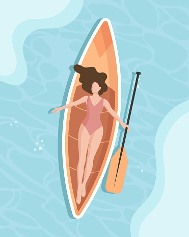 A woman with a paddle lies on a kayak on the sea. The concept of active recreation. Illustration, poster, vector