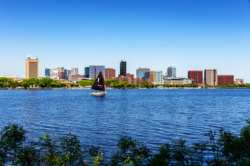 Cambridge, Massachusetts, USA - May 31, 2023: View across the Charles River of the MIT campus, the Sloan School of Management campus, and Kendall Square, the Innovation District. An MIT sailboat is sailing on the Charles River..