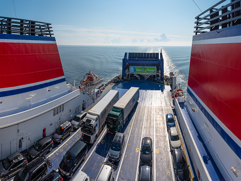 Frederikshavn, Denmark - July 12 2019: Cars and lorries on the deck of ro-ro ferry Stena Jutlandica.