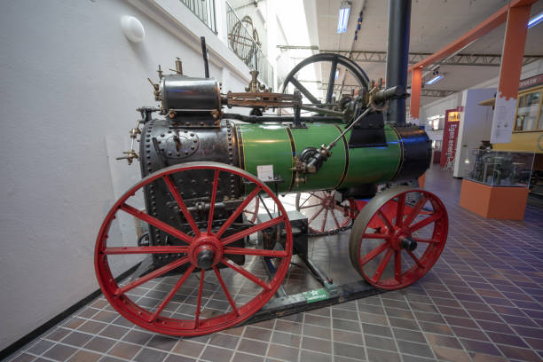 Malmö, Sweden - July 09 2022: Marshall & Sons made steam tractor at museum Teknikens Hus.