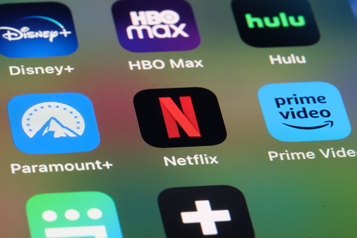Shanghai,China-May 21st 2023: close up Netflix, Amazon Prime Video, Paramount+, Disney+, HBO Max and Hulu app icon on screen. Assorted online subscription video streaming service brands