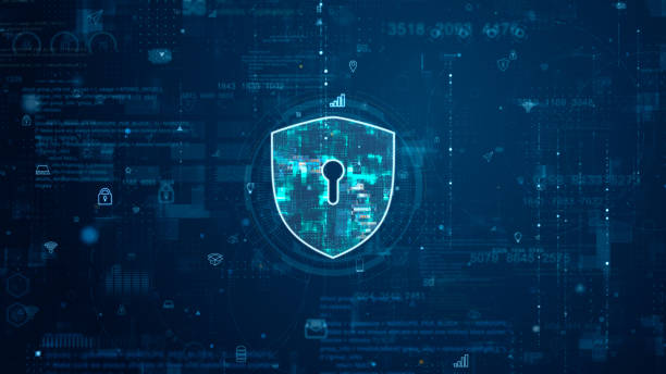 istock Blue digital security shield logo and futuristic circle HUD with big data processed on grid line background and technology ai icon screen abstract background network secure concepts 1495890654