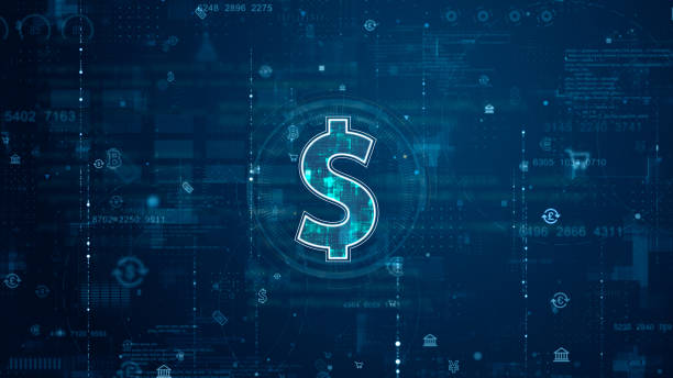 istock Blue digital money logo and futuristic circle HUD with big data processed on grid line background and technology ai icon screen abstract background crypto currency concepts 1495890658