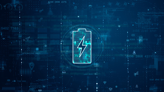 Blue digital battery logo and futuristic circle HUD with big data processed on grid line background and technology ai icon screen abstract background power reserve concepts