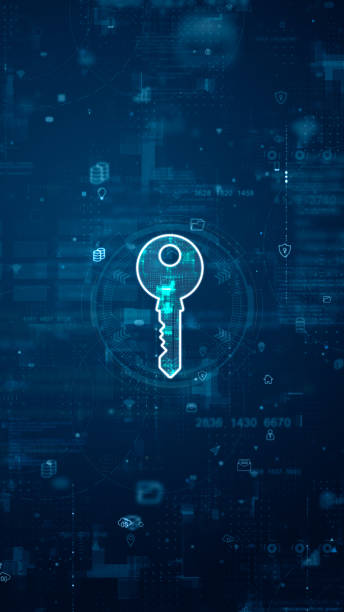 istock Blue digital security key logo and futuristic circle HUD with big data processed on grid line and technology ai icon screen abstract background network secure vertical video concept 1495890693