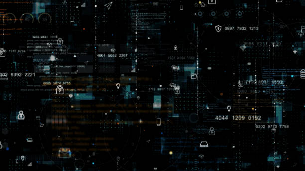 istock Blue data matrix simulation digital grid line and ai technology icon with futuristic HUD screen on black abstract background 1495890704