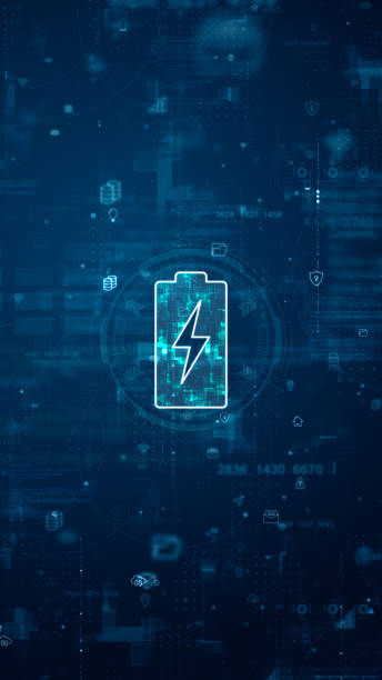 istock Blue digital battery logo and futuristic circle HUD with big data processed on grid line background and technology ai icon screen abstract background power reserve concepts 1495890714